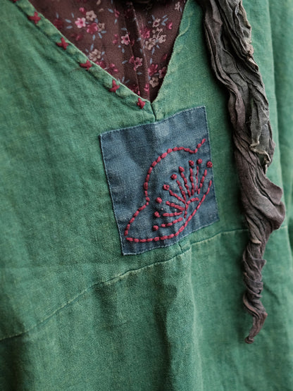 Women Retro Summer Spliced Linen V-Neck Dress AA1033