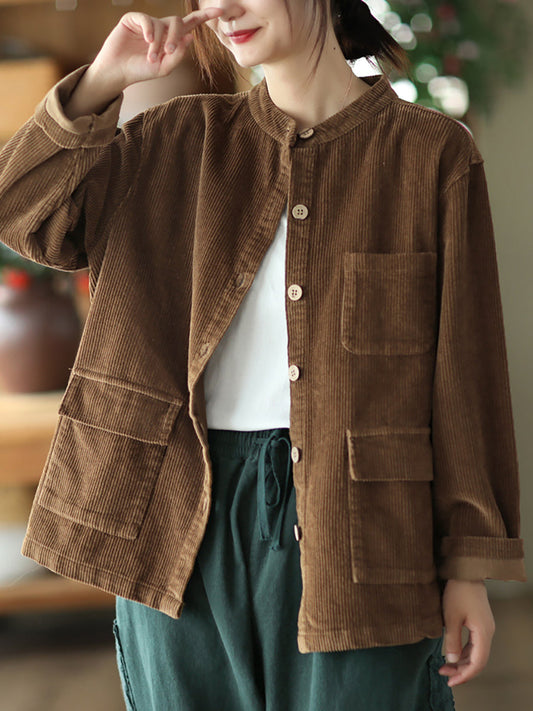 Plus Size Women Solid Vintage Cotton Corduroy Coat AV1045