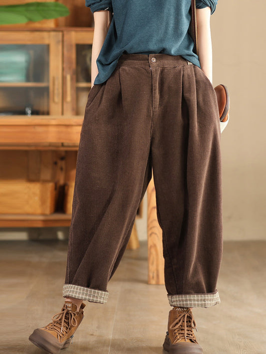 Women Autumn Vintage Solid Corduroy Harem Pants QU026