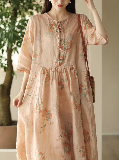 Robe d'été à col rond et imprimé floral pour femme en ramie FD015