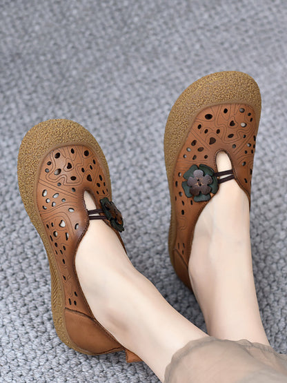 Leather Fashion Shoes Hollow Women Out Flower Flat