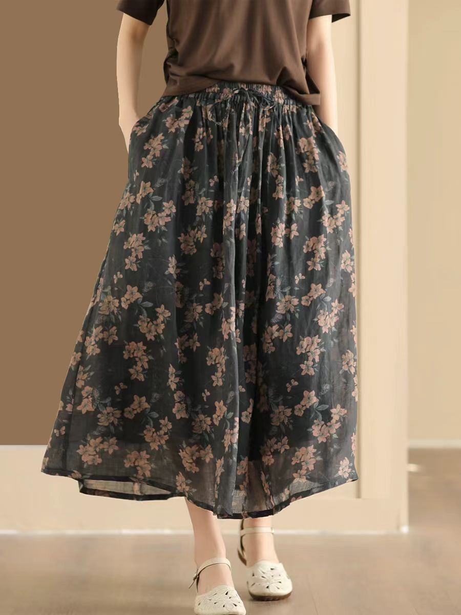 Women Vintage Summer Flower Ramie Loose Skirt QW1006