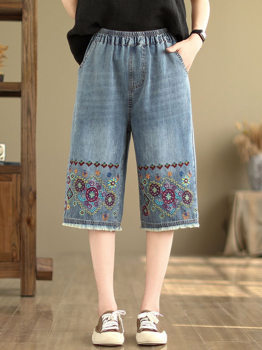 Women Summer Embroidery Knee-Length Denim Pants IO1023