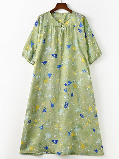 Robe d'été ample en ramie à imprimé floral artistique pour femme OO1025