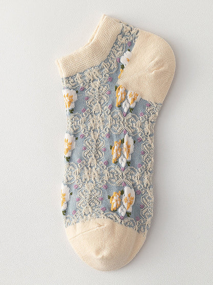 Lot de 4 paires de chaussettes d'été en jacquard à fleurs artistiques pour femmes AS1009