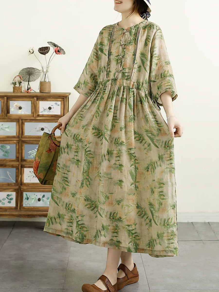 Women Summer Artsy Floral Shirred Ramie Dress QW1043