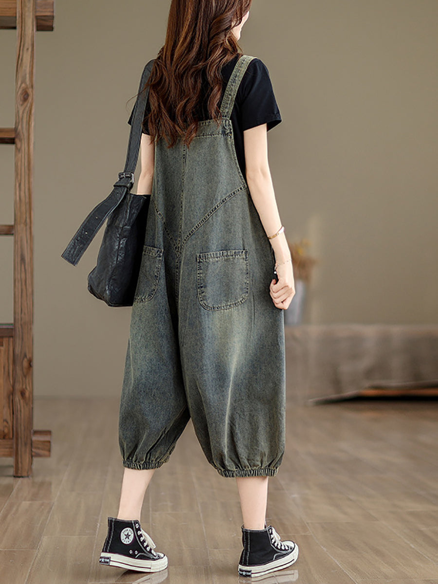 Damen Retro Sommer Einfarbig Tasche Denim Overalls FG1035