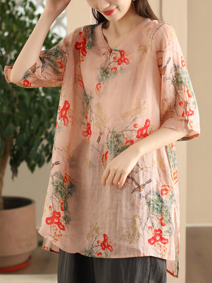 Chemise longue d'été vintage en ramie avec boucle à fleurs pour femme LL039