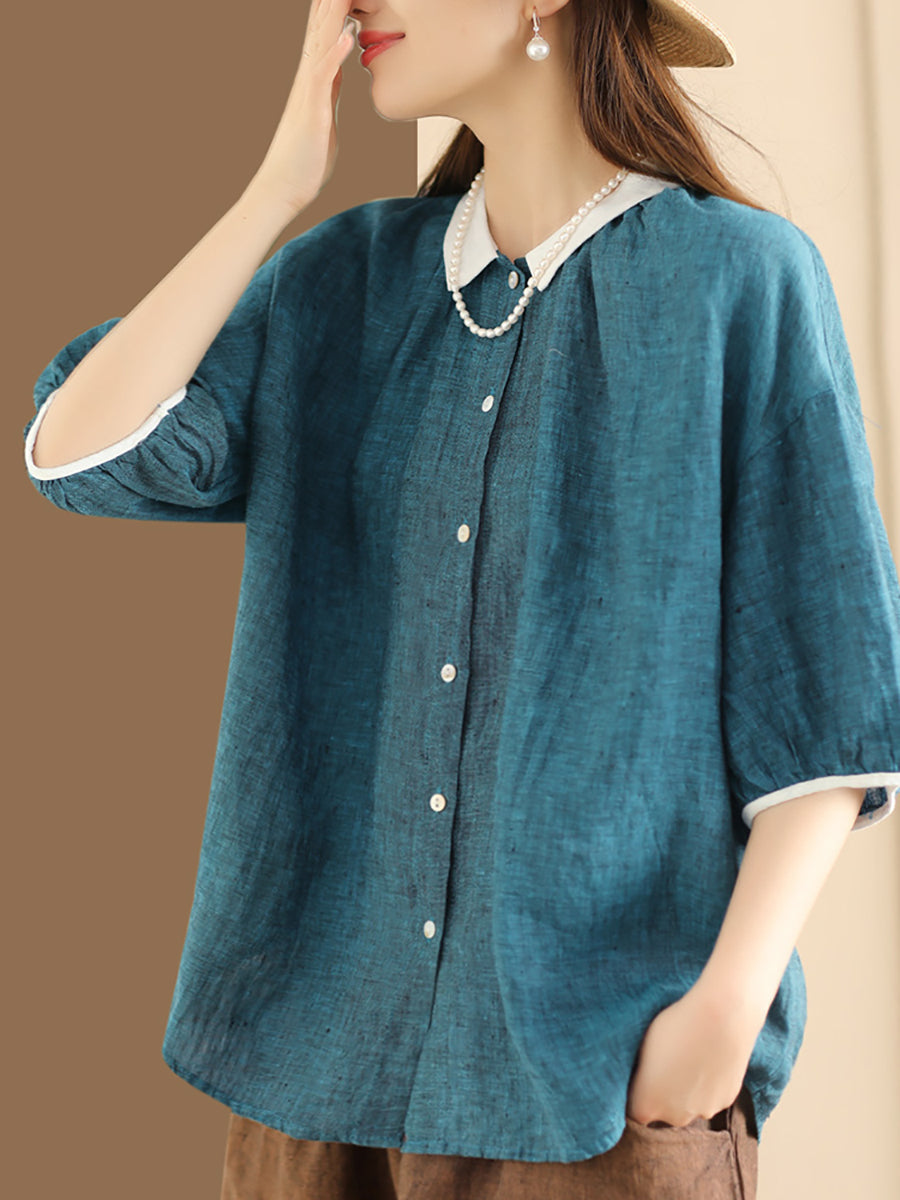 Women Summer Artsy Colorblock Button-up Linen Shirt XX1009