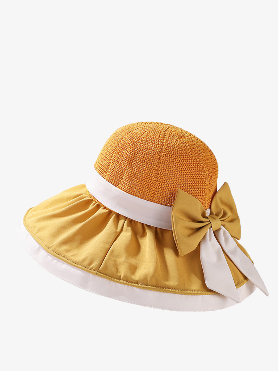 Women Summer Colorblock Large Brim Bowknot Hat WE1003