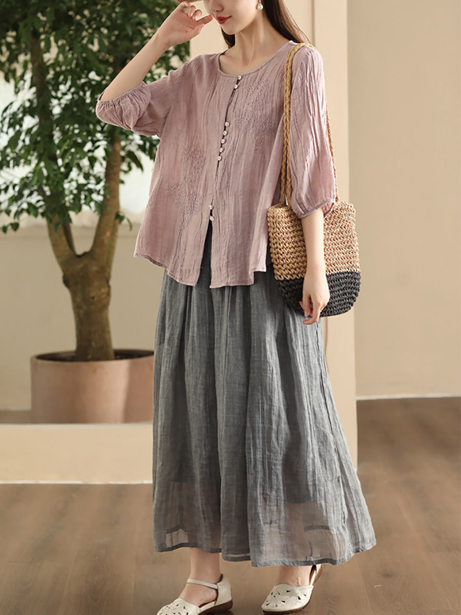 Women Summer Vintage Embroidery Solid Button Ramie Shirt FD012