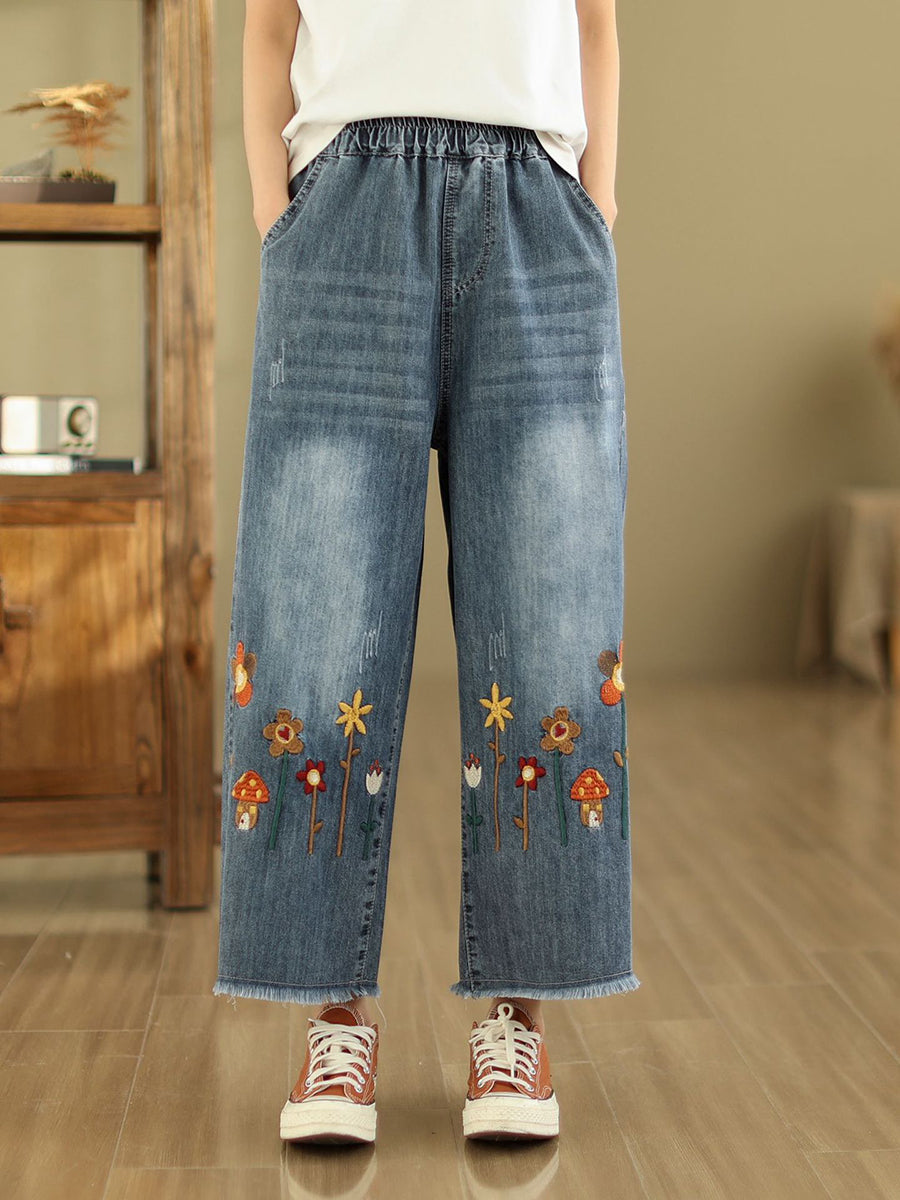 Frauen Sommer Retro Stickerei Ausgefranste Gerade Denim Hosen AS1042