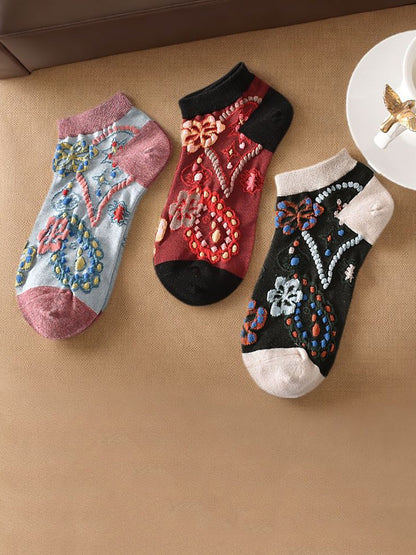 Lot de 5 paires de chaussettes courtes en jacquard fleuri pour femme KL1039