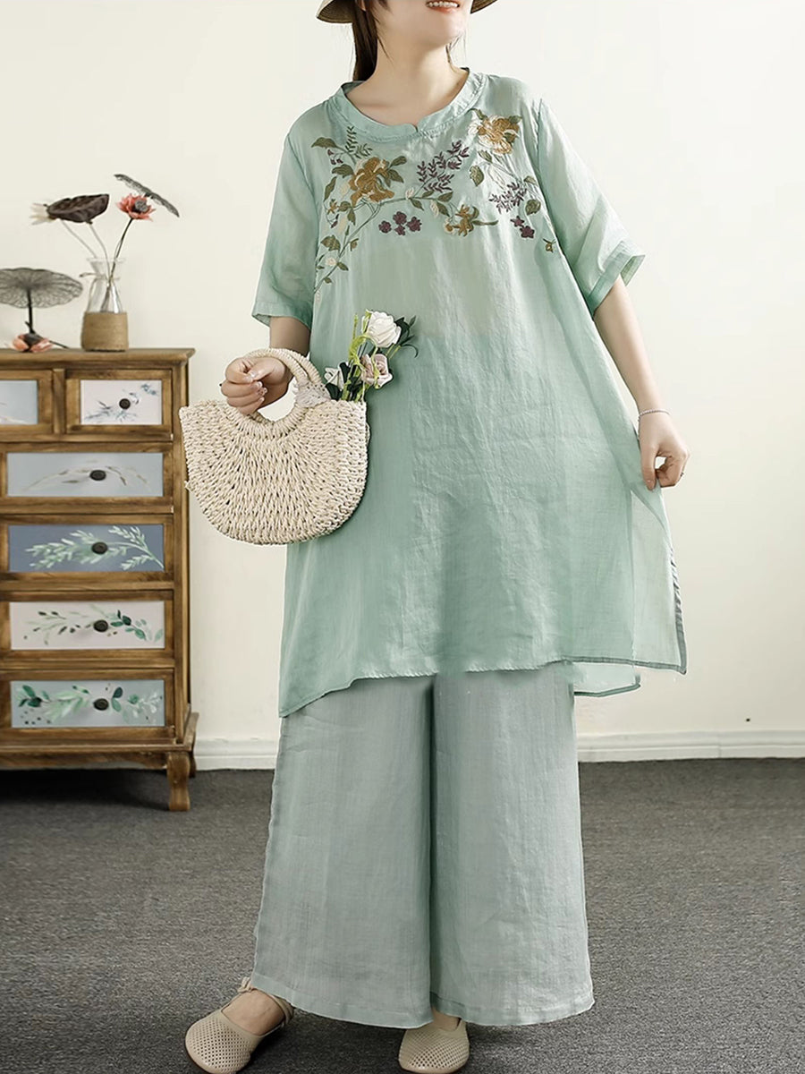 Women Summer Artsy Flower Embroidery Ramie Shirt TY1026