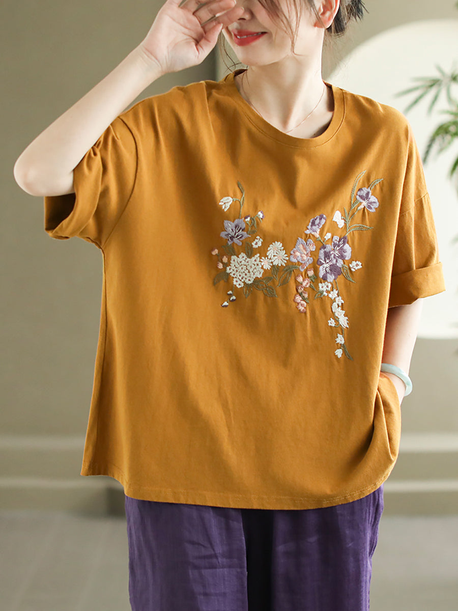 Women Summer Flower Embroidery Cotton O-Neck Shirt AS1007