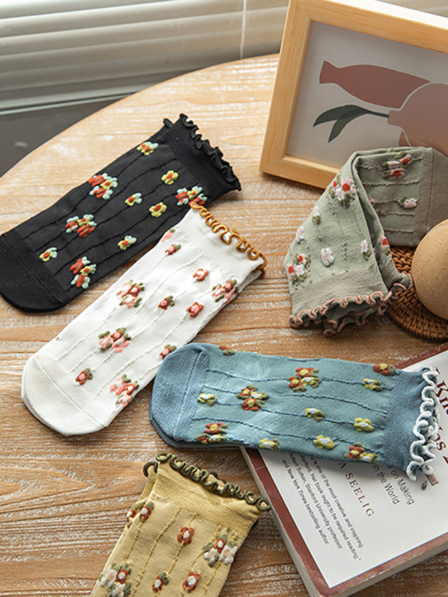 5 Paar Damen Sommersocken mit Blumen-Jacquardmuster OO1032