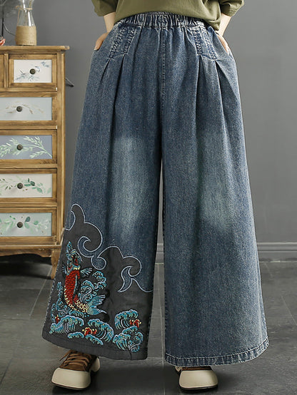 Pantalon d'été en denim à jambe large avec broderies Koi vintage pour femmes CO1049