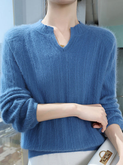 Women Autumn V-Neck Solid Wool Warm Knit Sweater AV1013