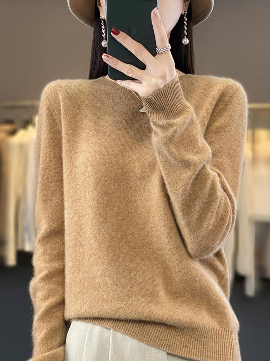 Women Autumn Solid Knit 100%Wool O-Neck Sweater WU023