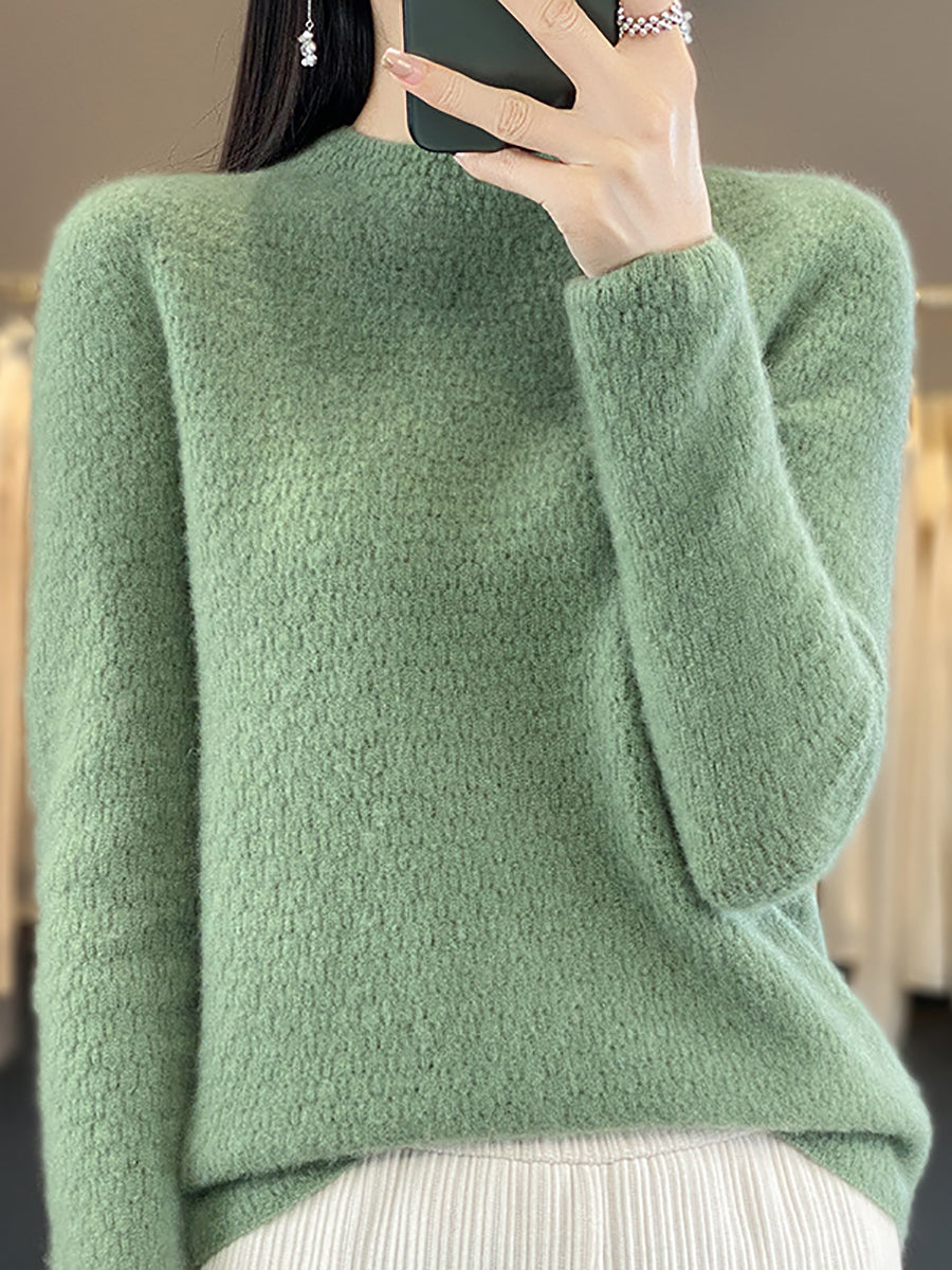 Women Autumn Casual Solid Knit 100%Wool O-Neck Sweater WU010