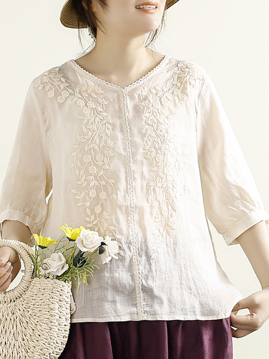 Women Summer Artsy Embroidery V-Neck Ramie Shirt PP1020