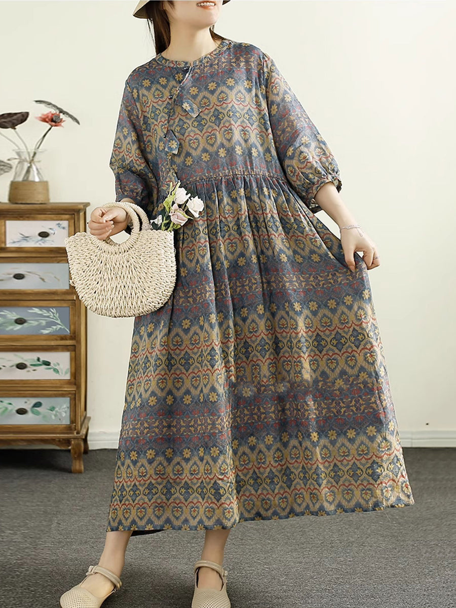 Damen Sommerkleid mit Print und gespleißtem Ramie TY1025