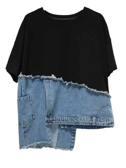 T-shirt court blanc à manches patchwork et ourlet rond en denim Street 