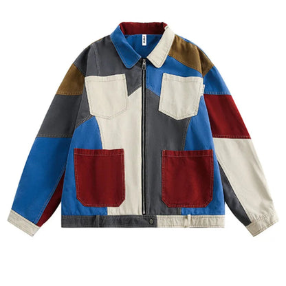 Art Lapel Blue Colorblock Long Sleeve Zip-up Denim Jacket TW017