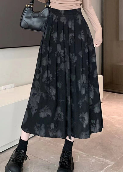 Nouvelle jupe plissée taille haute en coton à imprimé rétro noir Printemps TT1035 