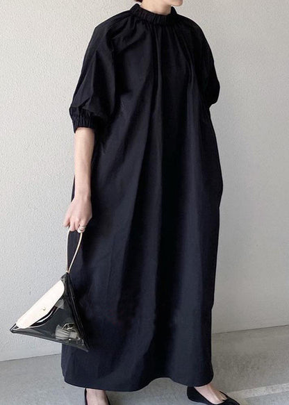 Marineblaues Kleid mit Reißverschluss hinten, halbe Damen-Baumwolle, Maxiärmel 