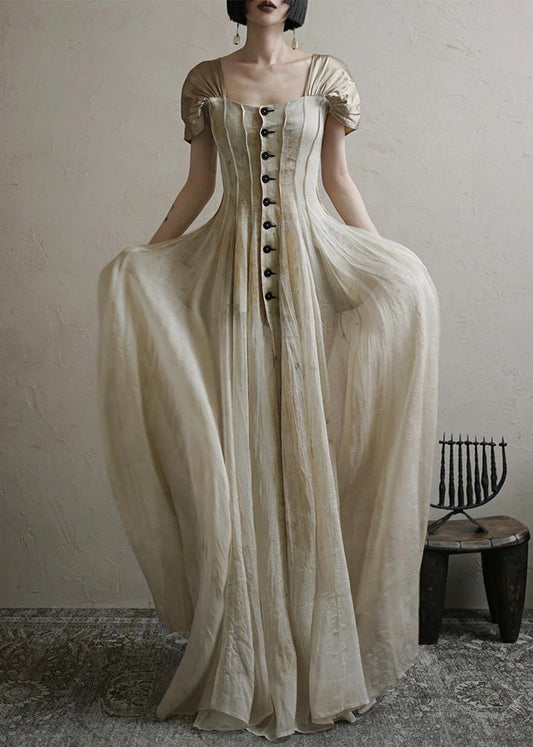 Robe longue d'été vintage à col boutonné carré 