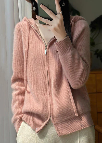 Manteau élégant en tricot de laine rose à capuche et fermeture éclair pour l'automne QX034 