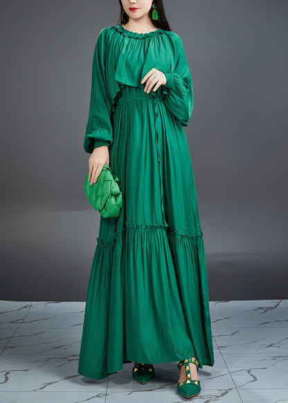 Robe longue en coton vert italien avec poches à volants et ceinture nouée Automne AJ1028 