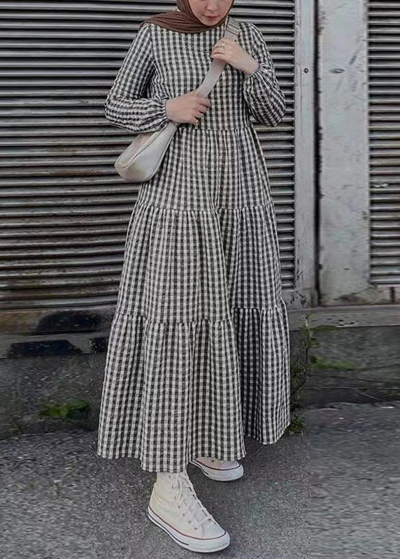 Baumwollkleider Einfach Plaid Frühling Maxi Grün 