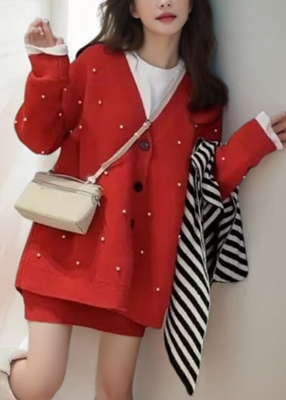 Fashion Red V Neck Nail Bead Cotton Knit Cardigan And Skirts Two Pieces Set Winter WV001