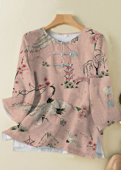 Chemise en lin à col rond et imprimé grue rose style Grace, boutonnée et ouverte sur le côté, manches bracelet, TP050