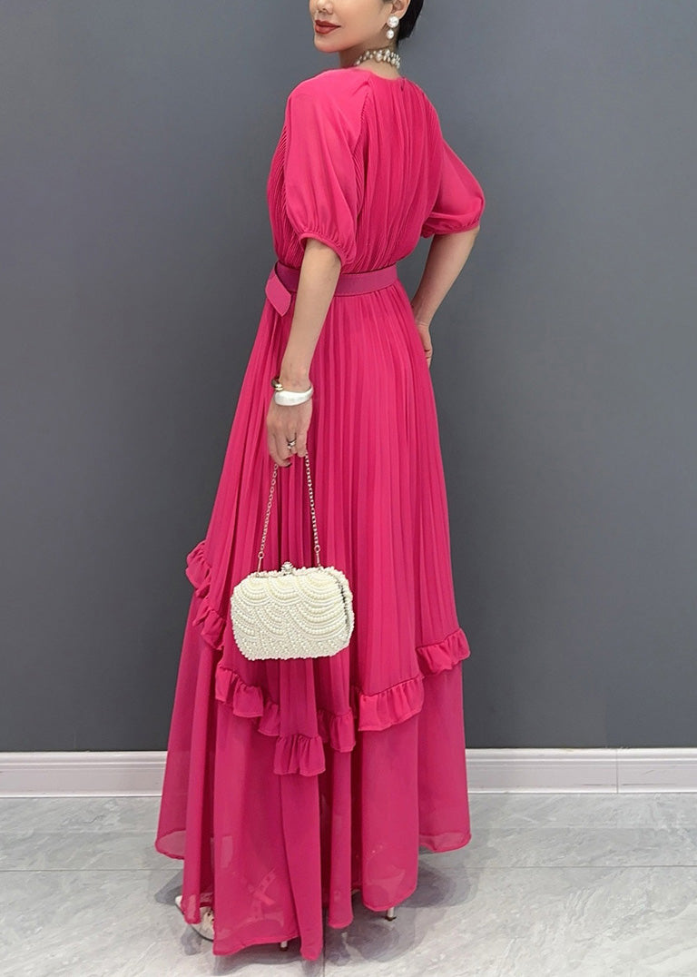 Natural Red Ruffled Patchwork Sashes Chiffon Long Dress Summer AO1047