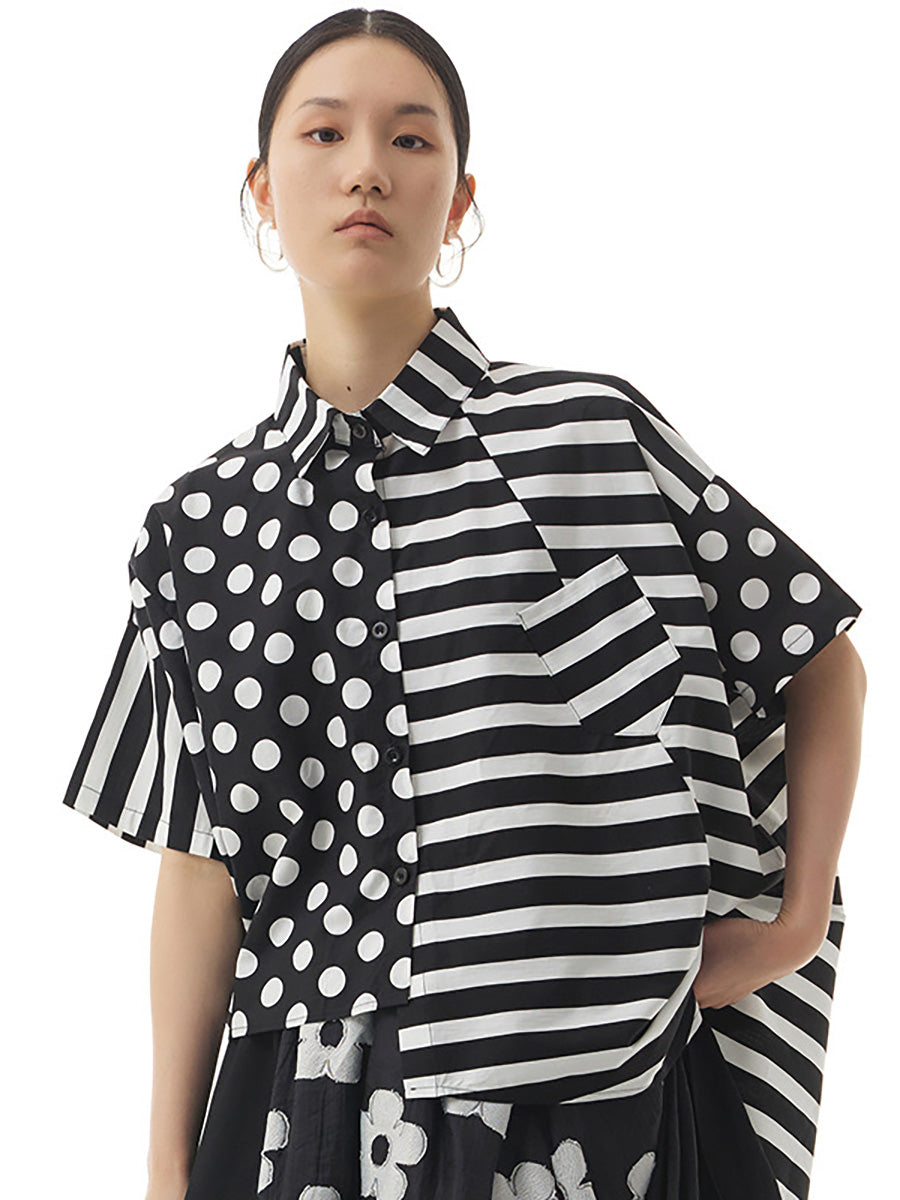 Übergröße Damen Baumwolle Streifen Punkte Lockeres Unregelmäßiges Hemd AA1022 