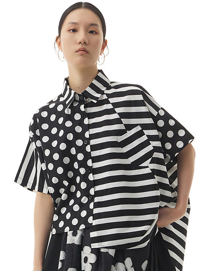 Übergröße Damen Baumwolle Streifen Punkte Lockeres Unregelmäßiges Hemd AA1022 