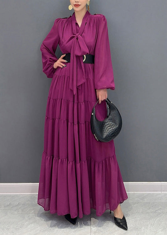 Chic Purple V Neck Patchwork Party Chiffon Long Dress Fall AO1040