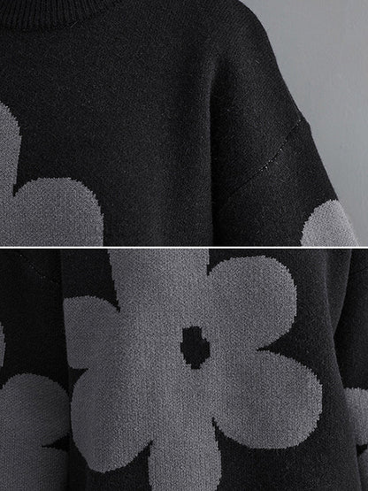 Pull ample à manches longues et col rond noir avec motif floral contrasté AN1070 