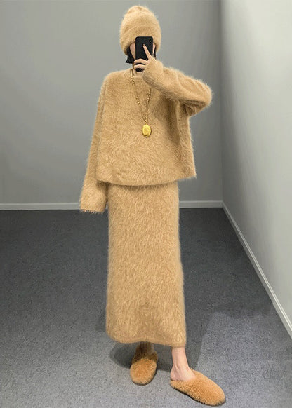 Mode Khaki O Hals Woll Zweiteiler Outfits Winter RY003 