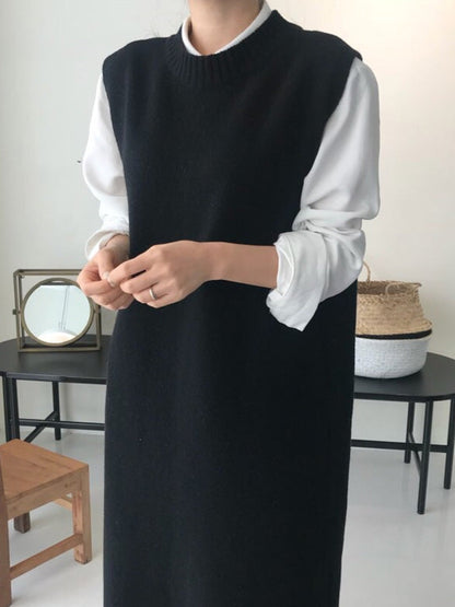 Robe en tricot sans manches à col rond noire urbaine QX017 