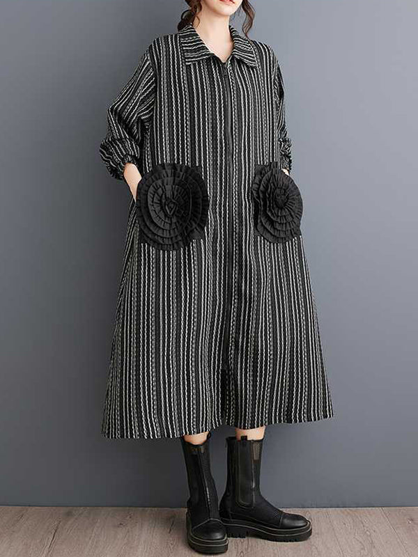 Design Black Lapel Flower Pockets Striped Long Sleeves Zip-up Dress WS010