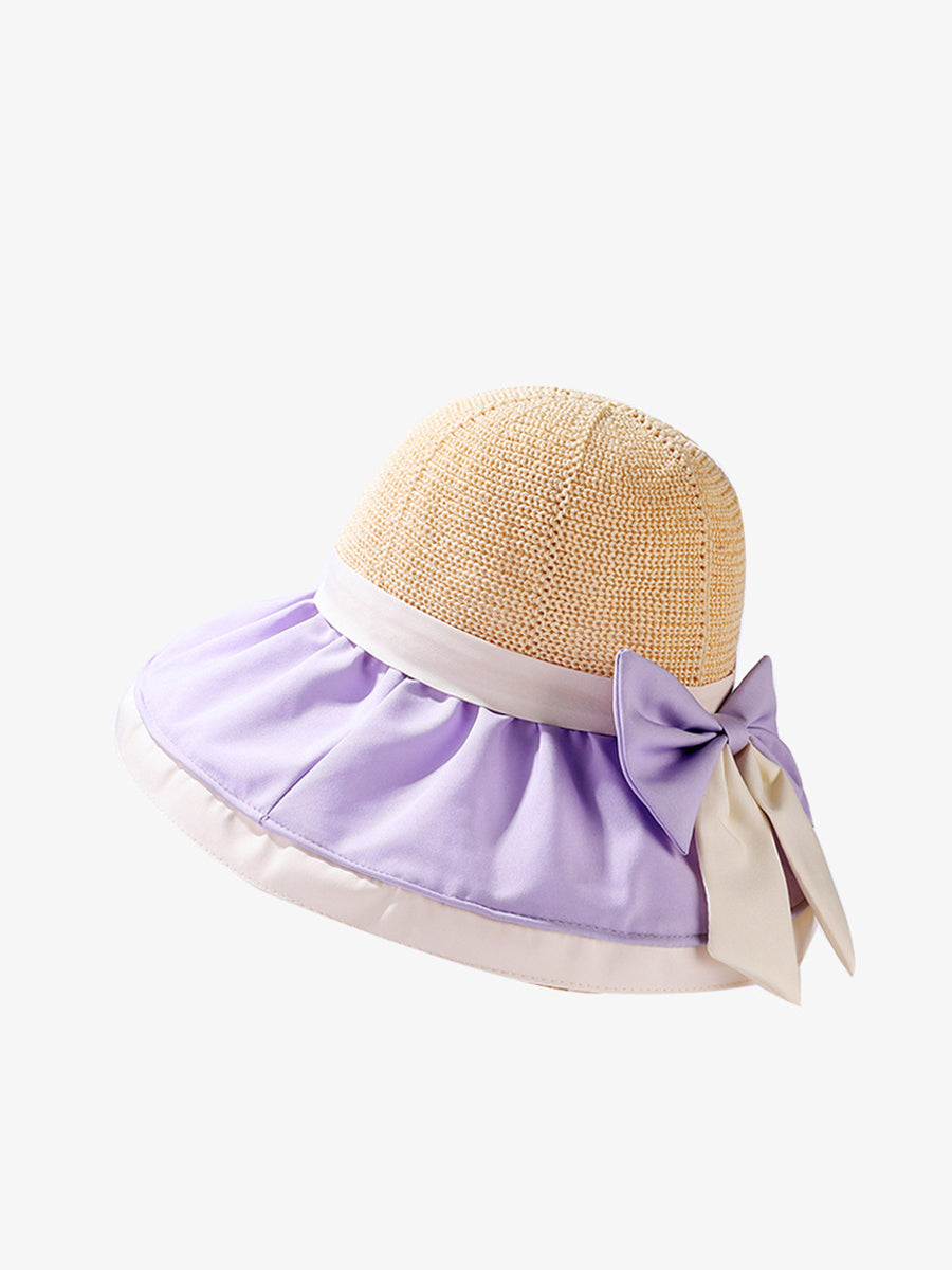 Women Summer Colorblock Large Brim Bowknot Hat WE1003