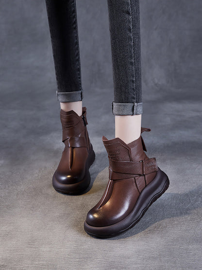 Bottines à plateforme épissées en cuir véritable vintage pour femmes QU002