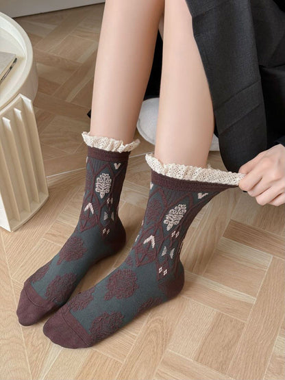 Lot de 5 paires de chaussettes en coton Jacquard à fleurs artistiques pour femmes QM009