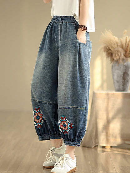Pantalon en jean à fleurs pour femme, sarouel brodé rétro 