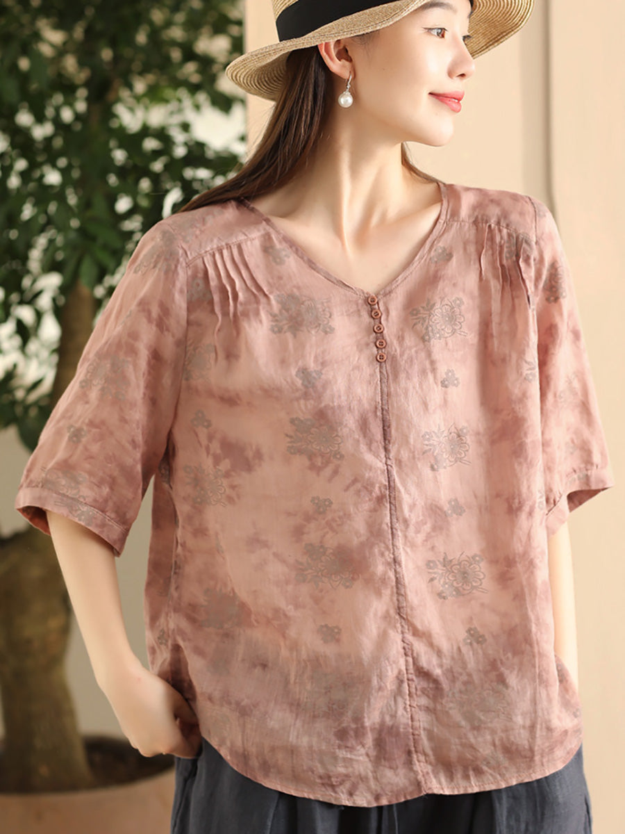 Women Summer Artsy Flower V-Neck Thin Ramie Shirt FD004