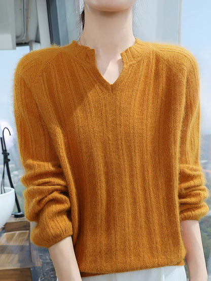 Women Autumn V-Neck Solid Wool Warm Knit Sweater AV1013